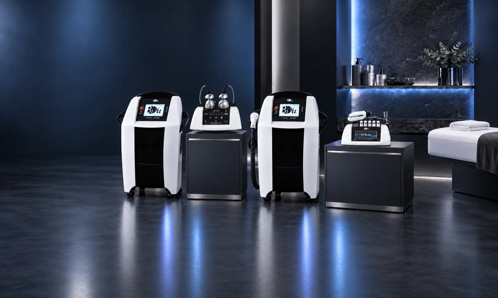 Apparecchiature Biyu per l'estetica avanzata e l'epilazione laser in una cabina con luci blu