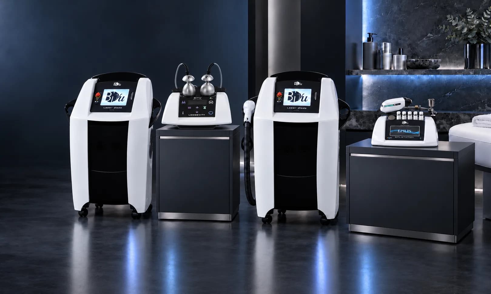 Apparecchiature Biyu per l'estetica avanzata e l'epilazione laser: laser a diodo, Longevity ed Épilis in una cabina con luci blu