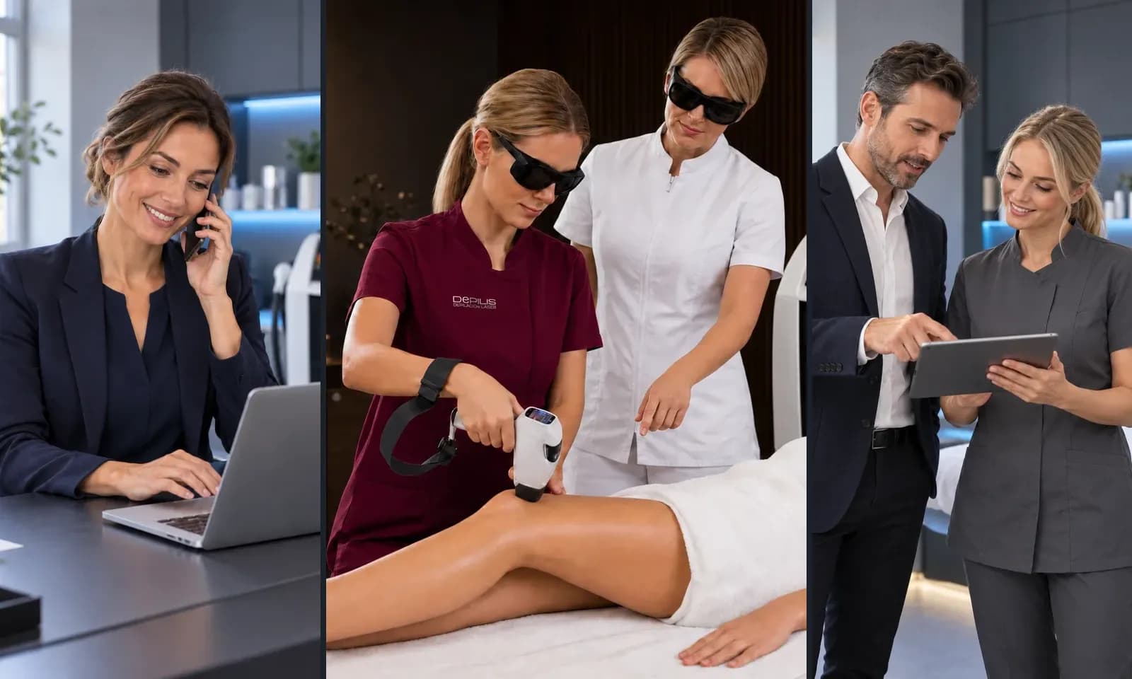 Tre momenti di lavoro nei centri estetici: assistenza telefonica, formazione sul laser in cabina e consulenza con tablet