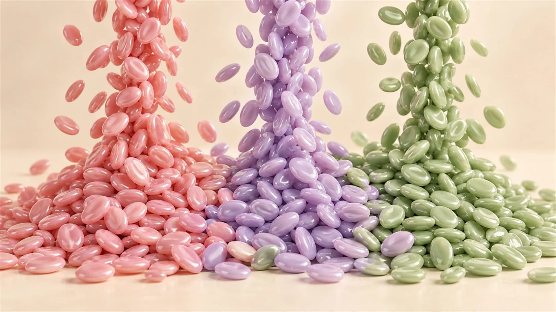Perle di cera brasiliana rosa, lilla e verde salvia che cadono a cascata