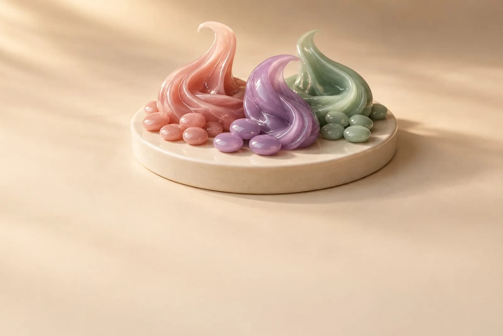 Tre cere brasiliane Bubble Pearls, rosa, lilla e verde salvia, con le loro perle su un piedistallo in pietra chiara